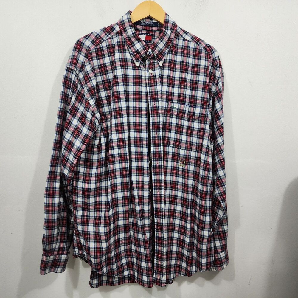 Vintage Y2K Tommy Hilfiger Check Flannel Shirt Crest Logo Button Front Mens XL